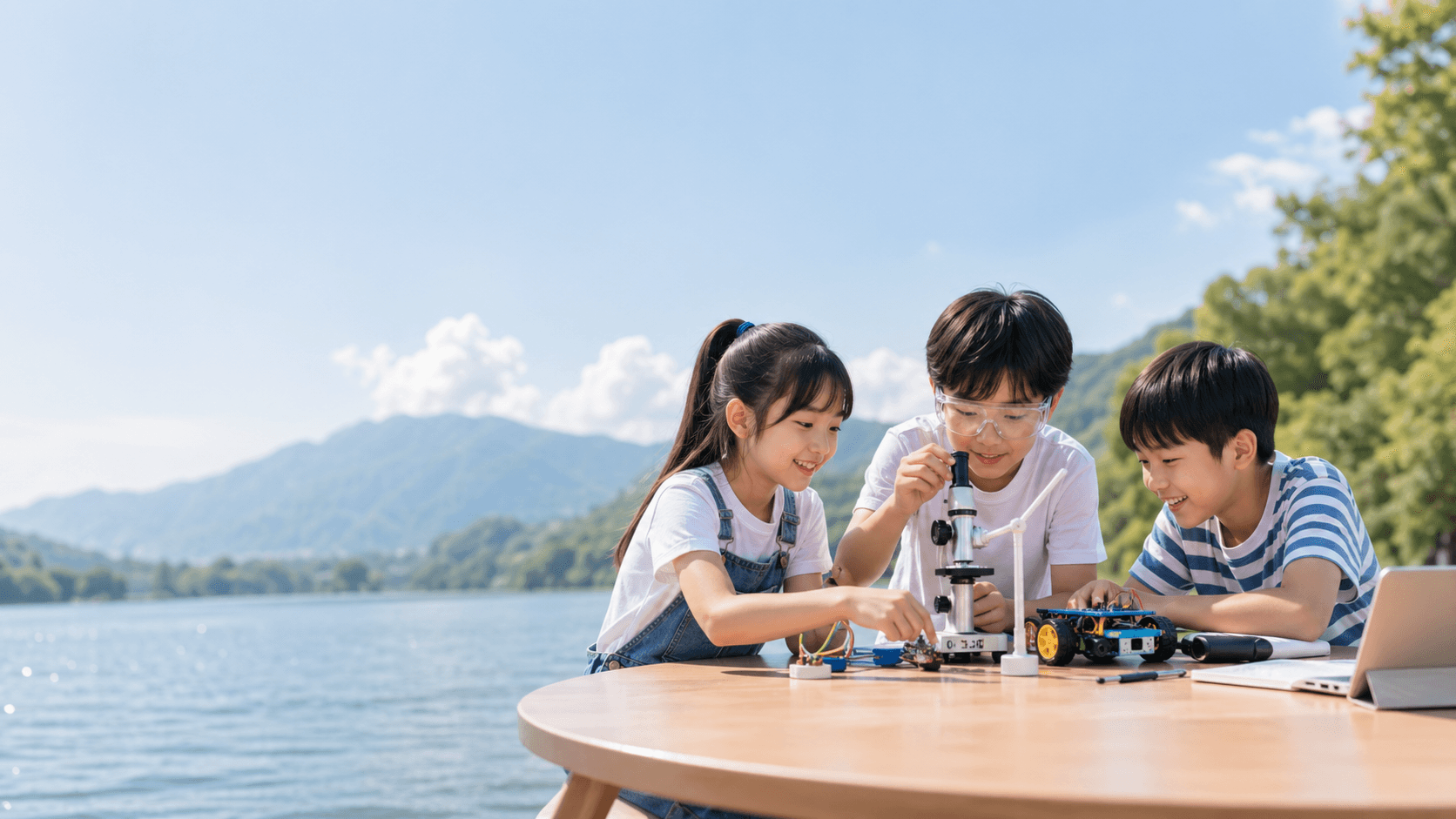 孩子们在湖边进行 STEAM 实验